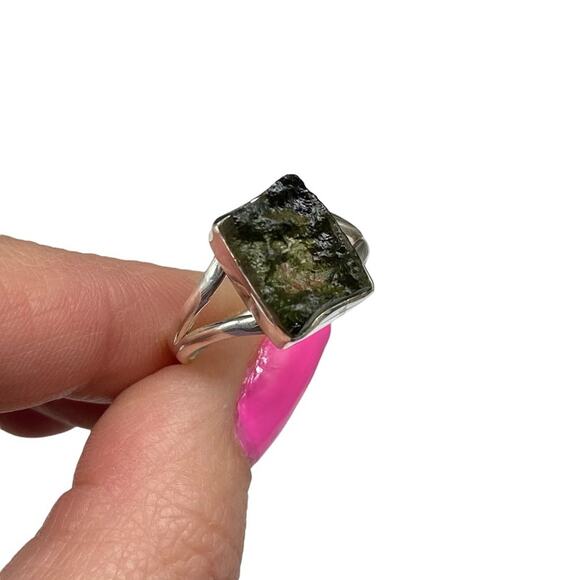 Moldavite Ring Size 9 Solid 925 Sterling Silver Raw Rough Stone Genuine Natural - Picture 5 of 8